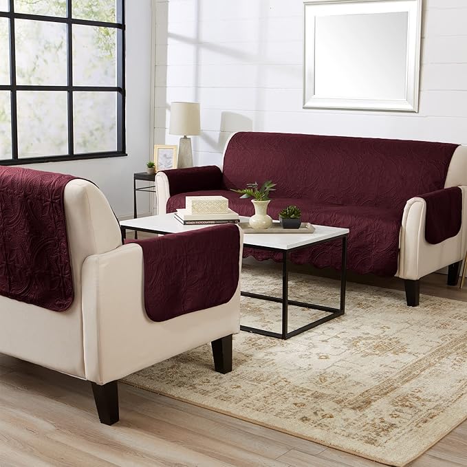 Great Bay Home Reversible Recliner Cover - Washable Slipcover Furniture Protector with Elastic Straps - Perfect for Kids & Pets - Quilted & Stitched Detail (Wine/Light Grey)