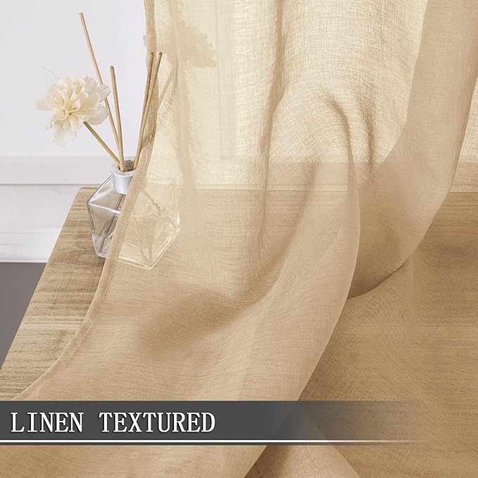 Tollpiz Sheer Curtain Linen Textured Bedroom Curtains Sheer Light Filtering Rod Pocket Voile Curtain for Living Room, 54 x 95 inches Long, Beige, Set of 2 Panels