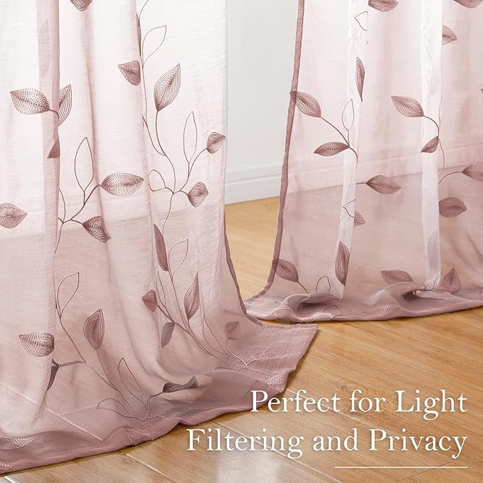 HOMEIDEAS Blush Pink Floral Sheer Curtains 63 Inches Long 2 Panels Embroidered Pattern Semi Sheer Window Curtains for Bedroom Living Room