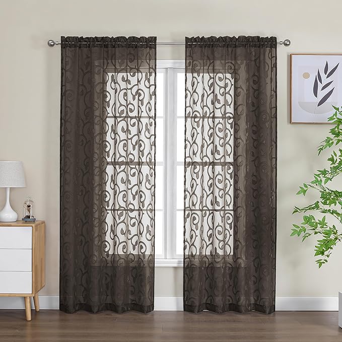 OWENIE Furman Chocolate Sheer Curtains 72 inches Long for Bedroom Living Room 2 Panels Set, Light Filtering Sheer Door Curtains with Elegant Clip Jacquard Rod Pocket Curtains, 2 Pcs = 80" Width