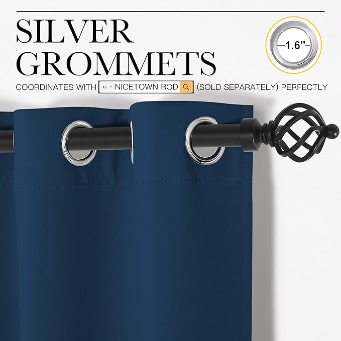 NICETOWN Moroccan Blue Room Darkening Curtains for Kitchen, Window Treatment Thermal Insulated Solid Grommet Room Darkening Curtains/Drapes for Bedroom (Set of 2, 42 inches Wide by 68 inches Long)