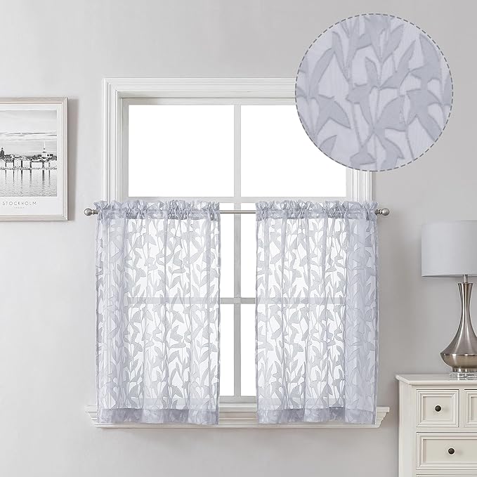Lecloud Leia Light Grey 2 PCS Sheer Kitchen Curtains 30 Inch Length, Breathable Clip Textured Leaf Cafe Bedroom Voile Curtain Tiers, Dual Rod Pockets Jacquard Bathroom Bedroom Drapes, 40 W x 30 L