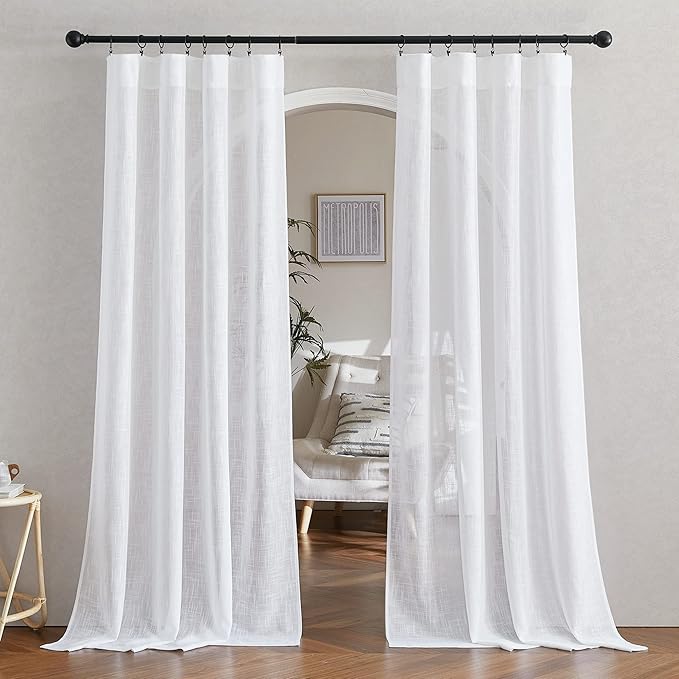 NICETOWN White Sheer 102 inch Long Curtains Faux Linen Blend, Rod Pocket & Back Tab Semi Sheer Window Treatment Privacy with Light Filtering for Living Room/Bedroom, W52 x L102, 2 Panels