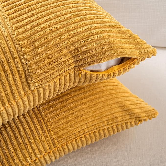 Fancy Homi 2 Packs Gold Yellow Lumbar Decorative Throw Pillow Covers 16x24 Inch for Couch Bed Sofa, Rustic Farmhouse Boho Spring Home Decor, Soft Striped Corduroy Rectangle Accent Cushion Case 40x60cm