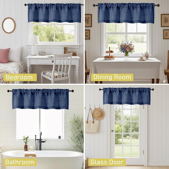 Valances for Windows, Light Filtering Faux Linen Textured Small Short Window Curtain for Bathroom Basement Farmhouse, Rod Pocket Top Half Curtains for Windows, Navy Blue 52Wx14L Inch