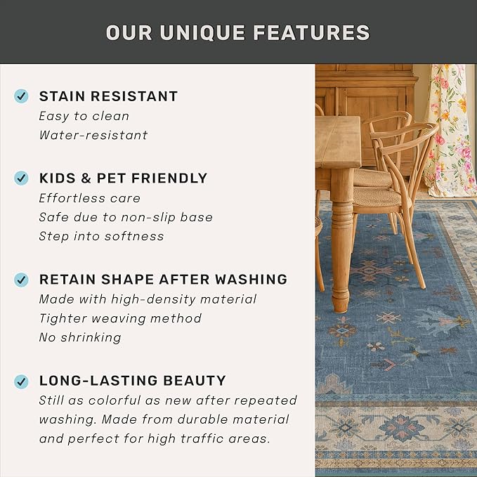 Hazo Haus Boho 7x10 Accent Area Rugs for Living Room - Dusky Blue Rug for Bedroom Under Bed, Dining Room Under Kitchen Table, Washable Soft Non Slip Unique Colorful Indoor Décor