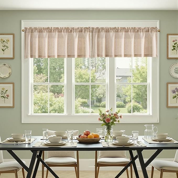 jinchan Valance Curtain Linen Textured Striped Window Curtain for Living Room Light Filtering Farmhouse Valance for Kitchen Rod Pocket 1 Panel 16 Inch Tan on Linen 1 Panel