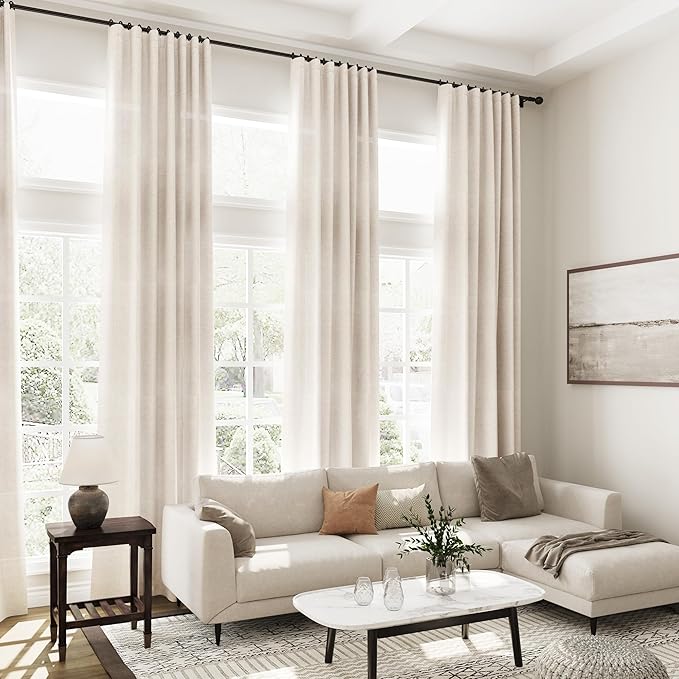 Nanspring Beige Linen Curtain 100 inches Long for Living Room Back Tab Neutral Vintage Country Rustic Farmhouse Curtain Burlap Textured Canvas Cloth Look Linen Drapes for Dinning Room Bedroom