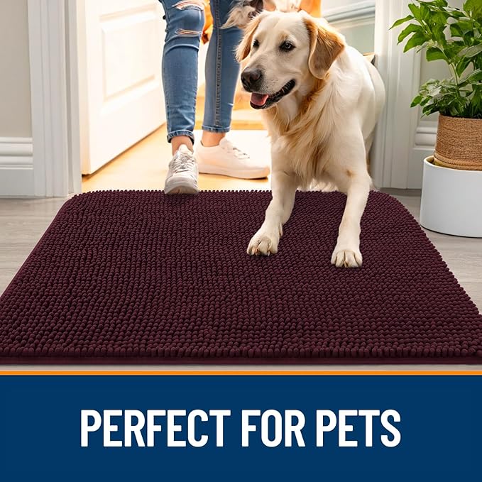OLANLY Dog Door Mat for Muddy Paws 54x32, Absorbs Moisture and Dirt, Absorbent Non-Slip Washable Doormat, Quick Dry Chenille Mud Mat for Dogs, Entry Indoor Entryway Carpet for Inside Floor, Russet