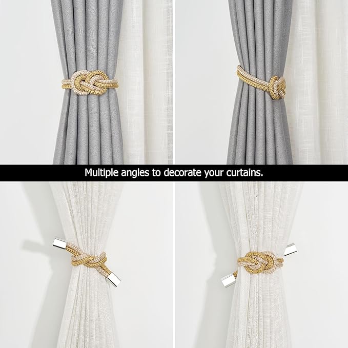 NICEEC 4 Pack Mini Magnetic Curtain Tiebacks Nordic Simple Style Drape Tie Backs Elegant Hand Weave Rope Knot Decorative Curtain Holdbacks for Home & Office Thin Window Drapery (Gold & Beige)