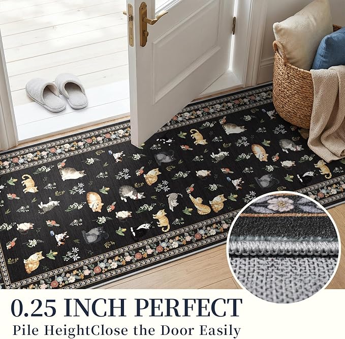3x7 Washable Kitchen Runner Rug - Soft Low Pile Floral Animal Cat Print Rugs with Non-Slip Backing Waterproof Stain-Resistant Indoor Carpet for Hallway Entryway Bathroom Bedroom (Black)