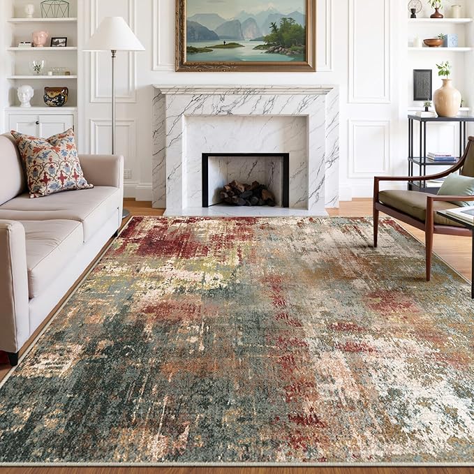 Washable Area Rugs 9'x12' Non-Slip Modern Abstract Soft for Living Room Entryway Bedroom Nursery, Print Pattern, Brown Rust Red Green Blue Multi