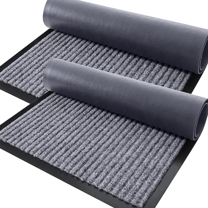 OLANLY Front Door Mat Indoor Outdoor Entrance, 2-Pack 33 x 21 Inch, Waterproof Heavy Duty Doormat, Fade Resistant, Low Profile, Easy Clean Patio Porch Welcome Floor Mats for Entry, Light Gray