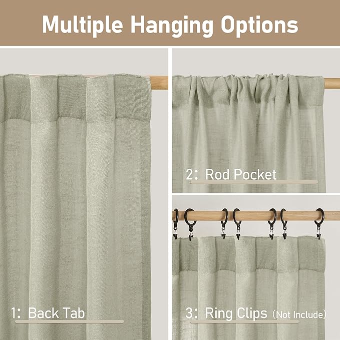 LAMIT Sage Grey Linen Boho Curtains 84 inch Length 2 Panels, Light Filtering Semi Sheer Panels Back Tab and Rod Pocket Neutral Drapes for Bedroom/Living Room, 34 x 84 Inch