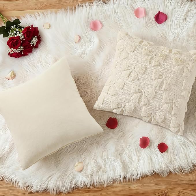 decorUhome Beige Bow Pillow Covers Set of 2 Coquette Aesthetic Cute Preppy Plush Faux Pillowcases for Girly Bedroom or Couch 18x18 Inch