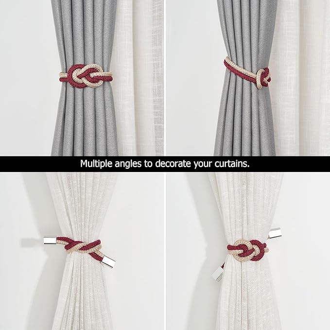 NICEEC 4 Pack Mini Magnetic Curtain Tiebacks Nordic Simple Style Drape Tie Backs Elegant Hand Weave Rope Knot Decorative Curtain Holdbacks for Home & Office Thin Window Drapery (Wine Red & Beige)