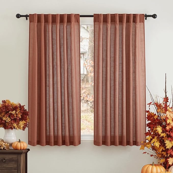 RYB HOME Natural Linen Blend Curtains for Kitchen Dining Room, Back Tab Boho Rustic Half Privacy Window Decor Semi Sheer for Bathroom Nursery, W 52 x L 72 inches, Terracotta, 2 Panels