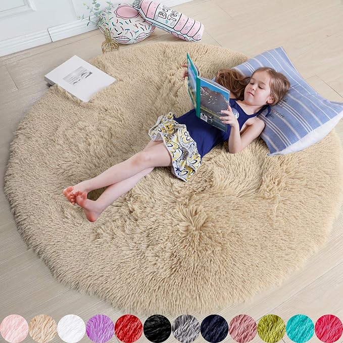 Amdrebio Beige Round Area Rug 6Ft for Living Room Bedroom, Fluffy Plush Shag Furry Circle Rugs for Kids Room Decor Aesthetic, Fuzzy Tan Neutral Circular Carpet for Baby Nursery Classroom Teens Dorm
