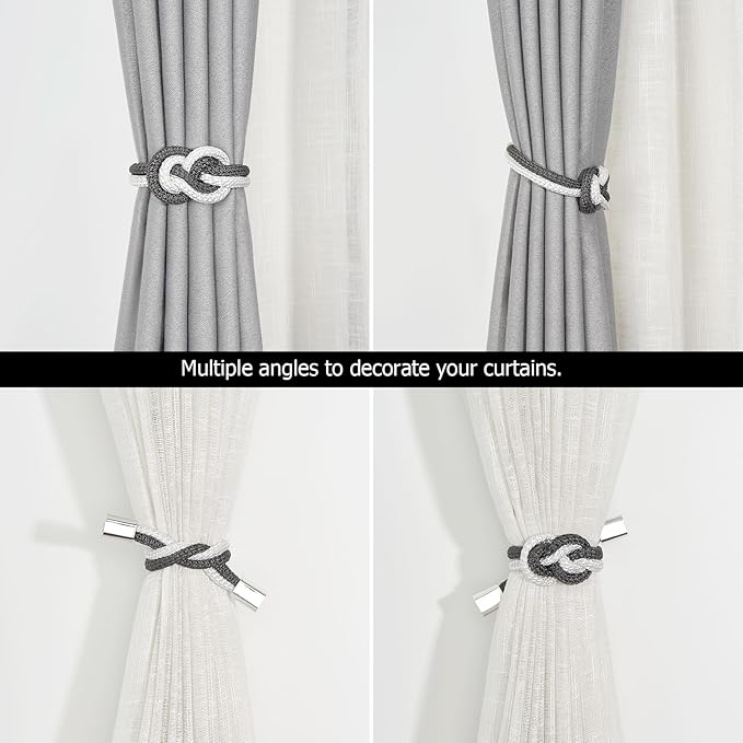 NICEEC 2 Pack Mini Magnetic Curtain Tiebacks Nordic Simple Style Drape Tie Backs Elegant Hand Weave Rope Knot Decorative Curtain Holdbacks for Home & Office Thin Window Drapery (Dark Grey & White)