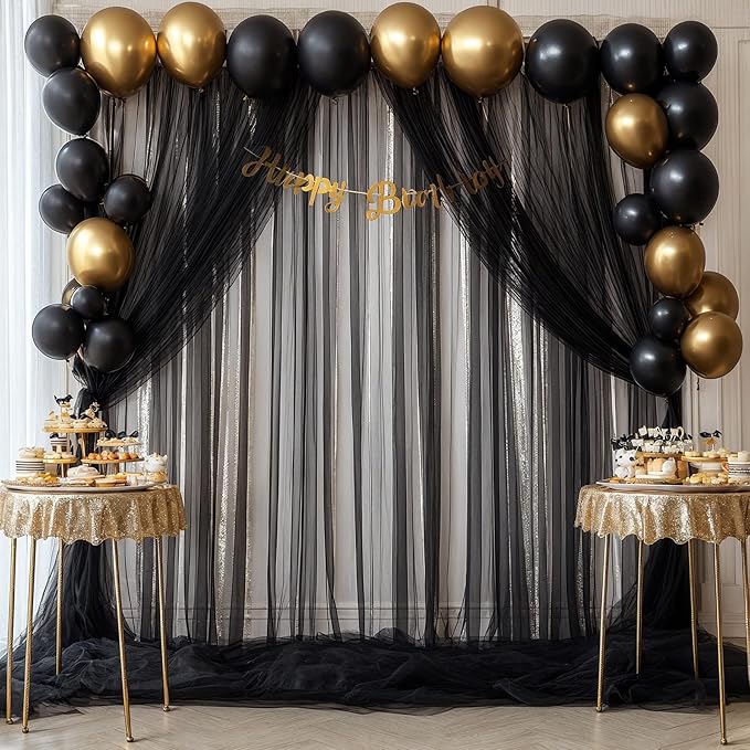 Black Tulle Backdrop Curtain for Parties 10ft x 8ft Black Sheer Photo Backdrop Curtains Drapes for Birthday Party Baby Shower Wedding Decorations