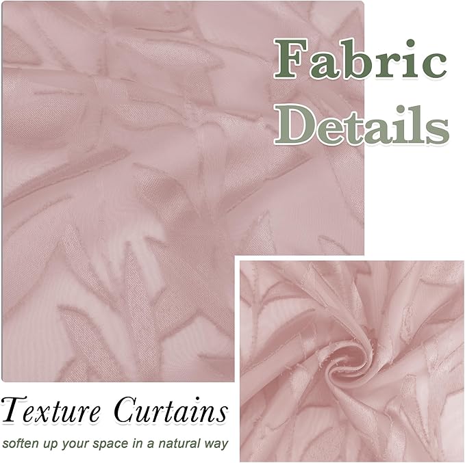 Lecloud Leia Blush Pink Sheer Curtains 2 Pieces, 30 Inch Short Curtains, Breathable Jacquard Texture Kitchen Windows Curtains, Small Farmhouse Leaves Voile Drapes Dual Rod Pocket, 38 W x 30 L