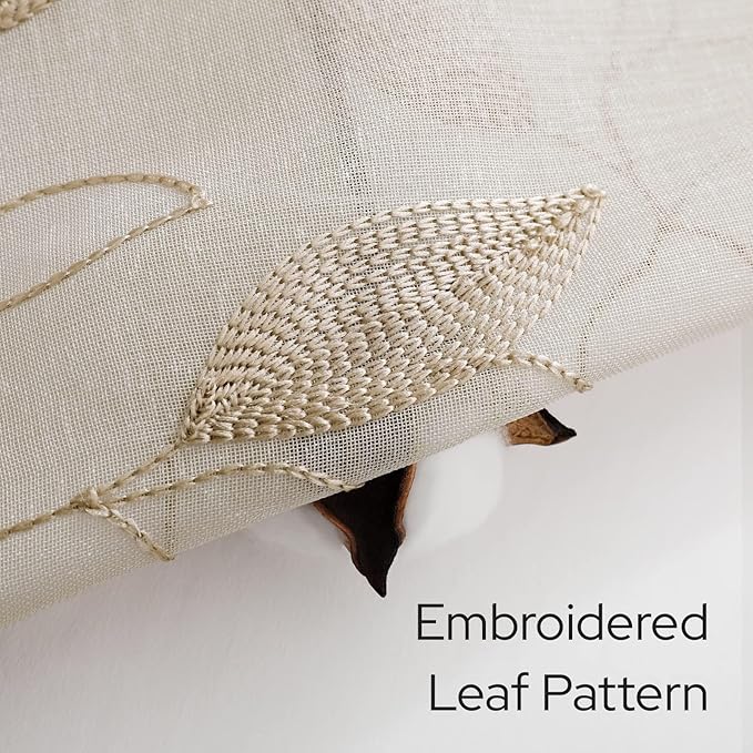 HOMEIDEAS Taupe Sheer Kitchen Curtains 30 X 36 Inch Length 2 Panels Beige Embroidered Leaf Pattern Short Curtains for Small Window Valance Tiers