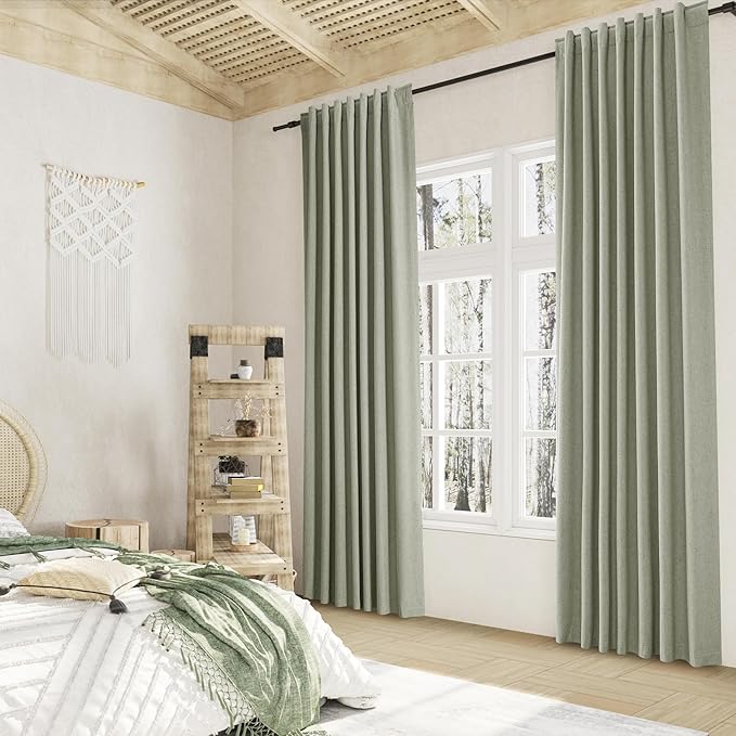 Sage Green 100% Blackout Linen Curtains 94 Inch Length 2 Panels Set for Living Room Bedroom Back Tab Thermal Insulated Black Out Drapes Room Darkening Window Curtains 94 Inches Long