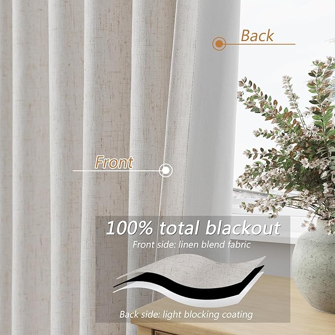 Guken 100% Black Out Light Beige Linen Curtains 90 Inch Long for Living Room Back Tab Rod Pocket Modern Farmhouse Thermal Insulated Drapes for Bedroom Black Out Window Curtain 2 Panels, 52x90