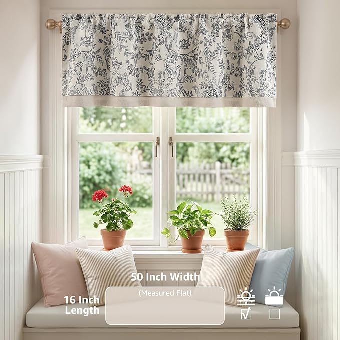 jinchan Linen Valance Curtain Farmhouse Floral Printed Small Window Curtain for Kitchen Rustic Light Filtering Valance for Living Room Bedroom Bathroom 16 Inch Rod Pocket 1 Panel Black on Beige
