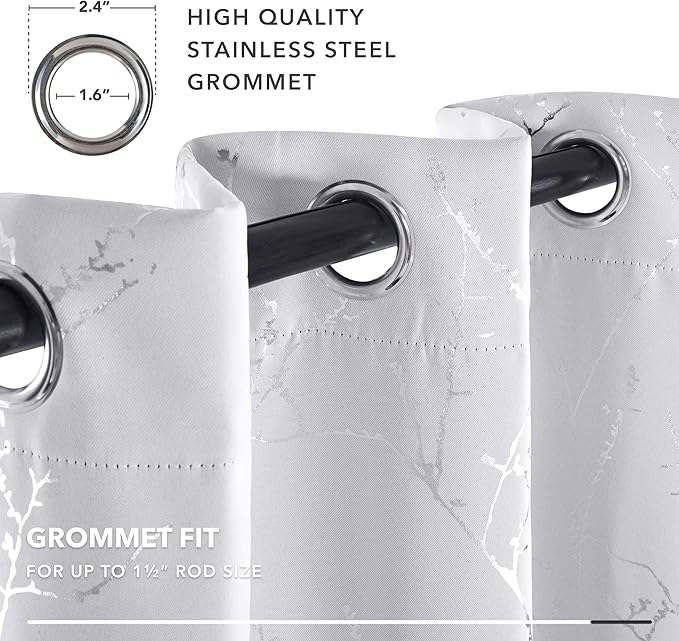 Deconovo Greyish White Curtains, Room Darkening Curtain, Thermal Insulated Soundproof Drapes, Silver Branch Print, 42 x 72 Inch Long, Grommet Window Panels for Living Room Bedroom Nursery, Set of 2