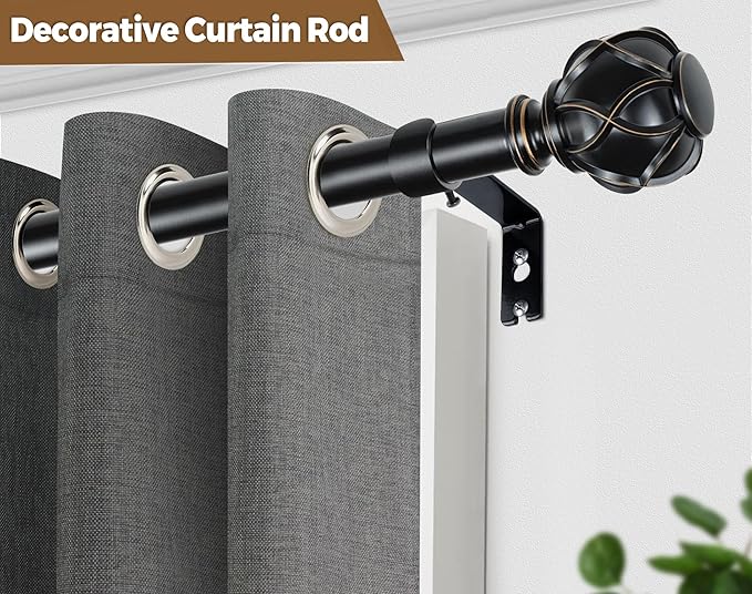 KAMANINA 1 Inch Extra Long Curtain Rod 140 to 195 Inches Black Heavy Duty Curtain Rods for Windows 120 to 170 Inch, Adjustable Drapery Rods with Netted Texture Finials