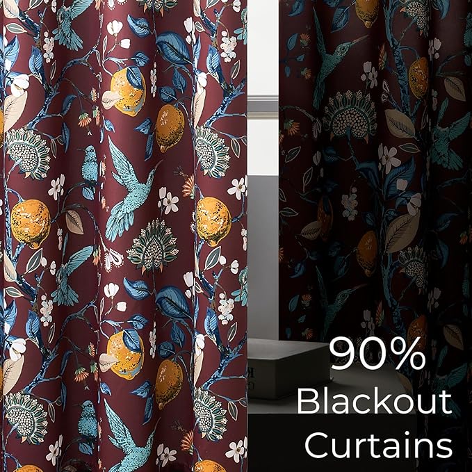 Topfinel Rust Boho Floral Curtains 72 Inches Long French Country Grommet Botanical Hummingbird Woodland Patterned Lemon Drapes for Bedroom Dining Living Room