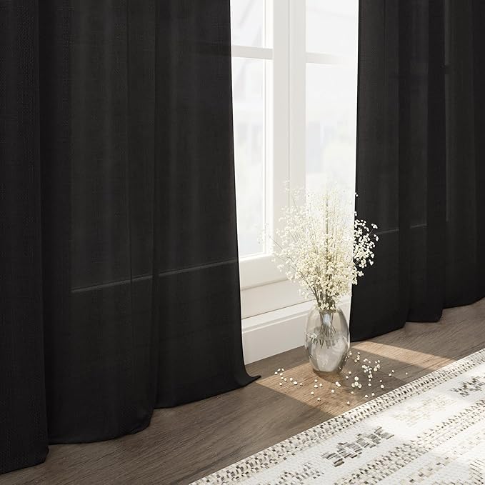 Vintage Black Linen Curtains 108 Inches Long for Living Room Light Filtering Semi Sheer Curtain Back Tab Floor to Ceiling High Window Gothic Vintage Decor Drapes for Bedroom Office 52x108,2 Panels