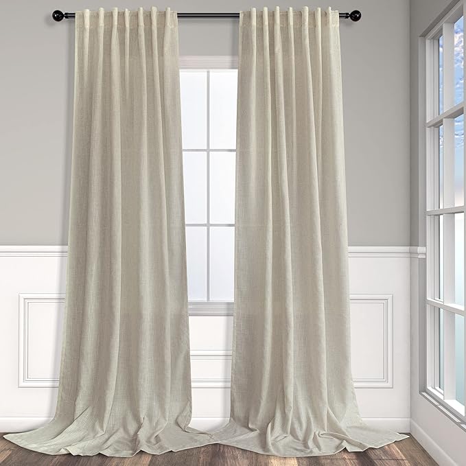 Pitalk Beige Sheer Curtains 80 Inch Length for Living Room 2 Panel Back Tab Rod Pocket Neutral Rustic Modern Farmhouse Semi Privacy Flax Linen Drape Pleated Curtain for Bedroom Wide 52x80 Long Curtain