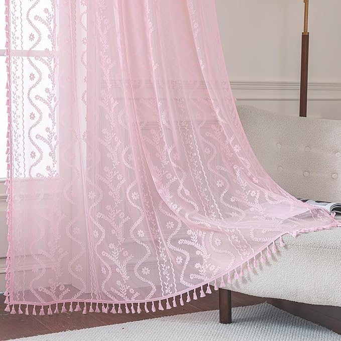 WAZZIO Boho Lace Curtains 84 Inch 2 Panels -Sheer Panel Drape Floral Pattern & Tassel Light Filtering Privacy for Bedroom Dining Living Room,Princess Pink Girl Bedroom Decor,Pale Pink,W52 x 84L