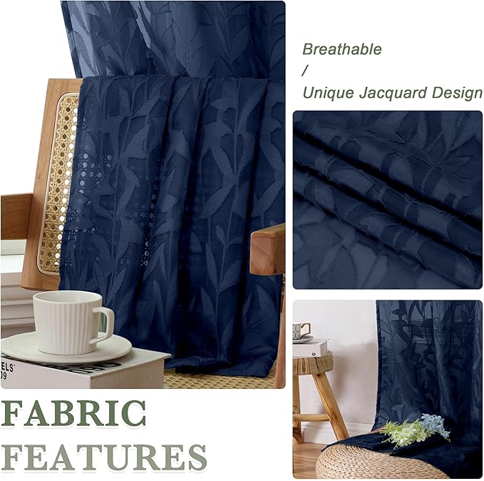 Lecloud Leia Navy Blue Sheer Curtains 45 Inch Length 2 Pcs, Dual Rod Pocket Jacquard Leaf Textured Window Curtains for Bedroom, Elegant Home Decor Drapes for Living Room, Each Panel 28" W x 45" L