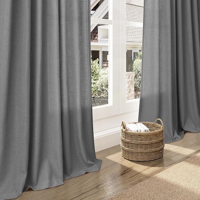 Dark Grey Linen Curtains 84 Inches Long for Bedroom Rod Pocket Back Tab Light Filtering Privacy Semi Sheer Curtain Farmhouse Decor Cotton Textured Drapes for Living Room 2 Panels Set 52x84 Inch