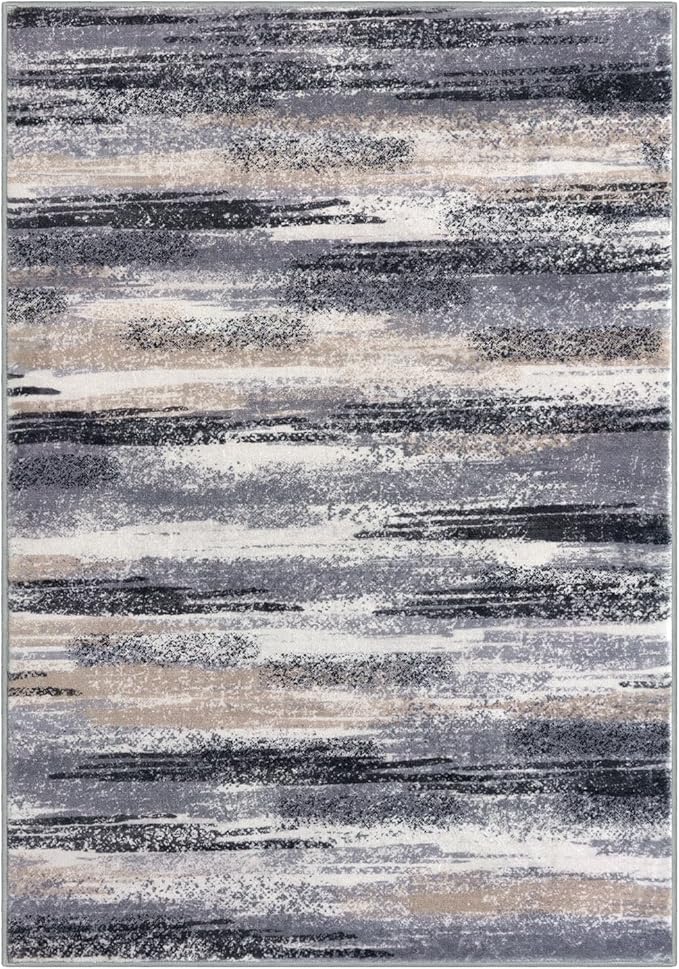 Lansny Modern Abstract 8x10 Large Machine Washable Living Room Rug Non-Slip Soft Bedroom Area Rug Grey Black Multi Ultra Thin Print Faux Wool Carpet Throw Rugs for Nursery Playroom Dining Room Indoor