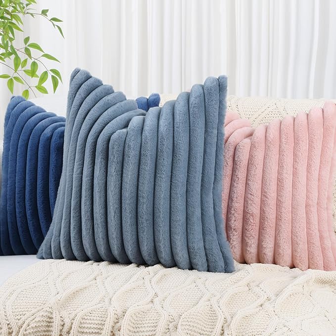 decorUhome Cozy Faux Fur Throw Pillow Covers 20x20 Set of 2 Decorative Soft Plush Striped Modern Farmhouse Boho Couch Pillow Cases with Velvet Back for Sofa Bed Living Room, Grey Blue