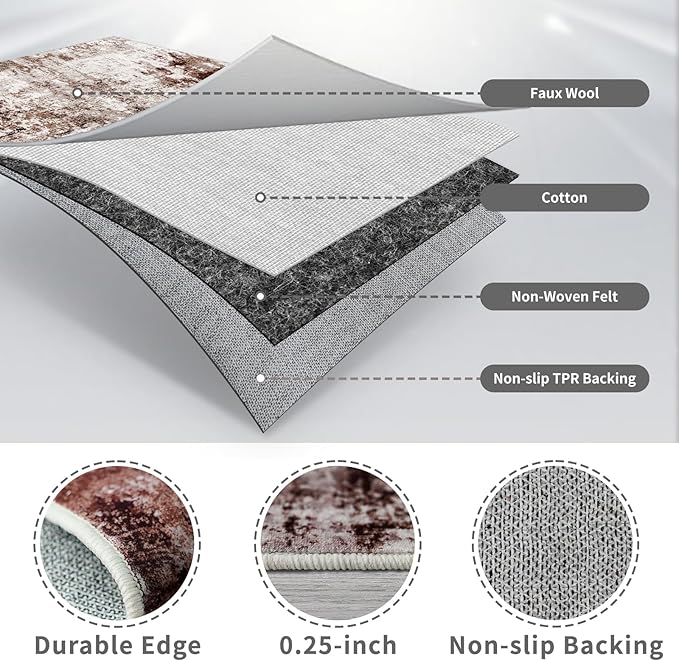 4x12 Runner Rug for Wide Hallway: Long Washable Runners for Entryway Living Room Dining Room - Stain and Water Resistant Rugs with Non-Slip Backing - Soft Low-Pile Carpet Brown Khaki White
