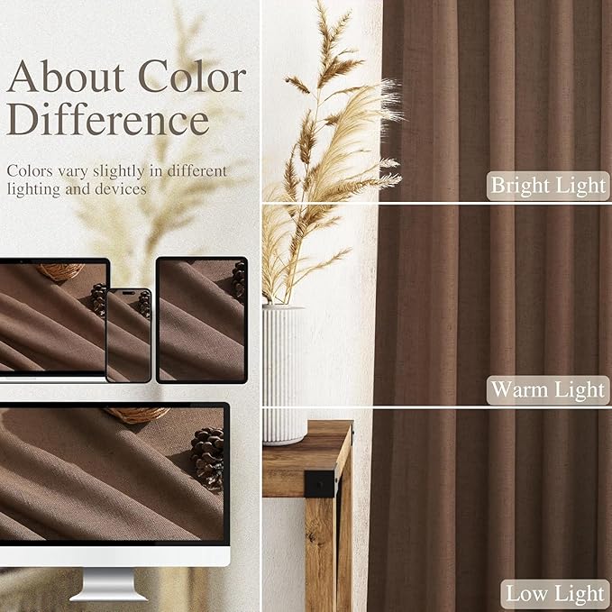 Caramel Brown Linen Curtains for Living Room Extra Long 126 Inches Long Back Tab Light Filtering Semi Sheer Curtain Vintage Rustic Decor Floor to Ceiling High Window for Bedroom 52x126, 2 Panels