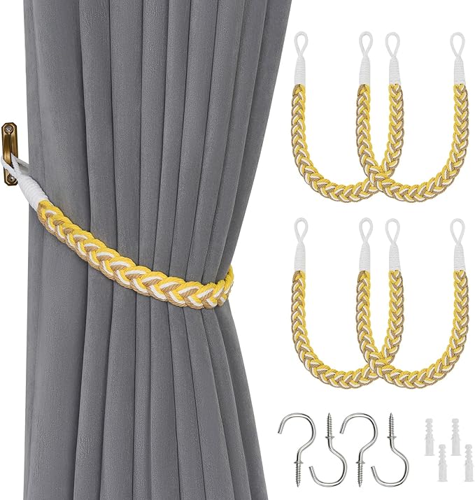 NICEEC 4 Pack Natural Cotton Rope Curtain Tiebacks Elegant Boho Style Decorative Drape Tie Backs Soft Hand-Woven Rope Curtain Holdbacks with Metal Hook for Home & Office Drapery (Yellow & White)