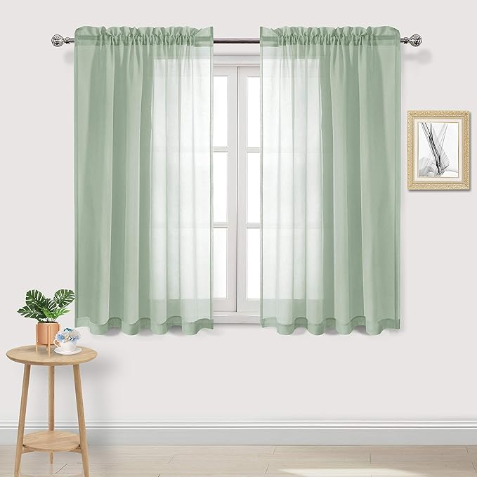 DWCN Bean Green Sheer Curtains Semi Transparent Voile Rod Pocket Curtains for Bedroom and Living Room, 52 x 45 inches Long, Set of 2 Panels