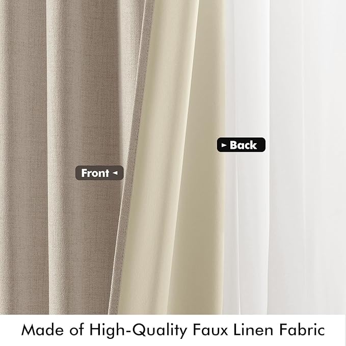 MIULEE 100% Blackout Linen Curtains for Bedroom, Taupe Solid Luxury Decor Thermal Insulation Room Darkening Drapes for Living Room Nursery Back Tab Rod Pocket 42 x 72 Inches, 2 Panels