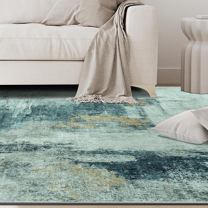 5x7 Area Rugs for Living Room Rug Washable: Abstract Rug for Dining Room Bedroom Carpet Non Slip 5 by 7 Indoor Modern Nursery Home Office Teal Grey Gold