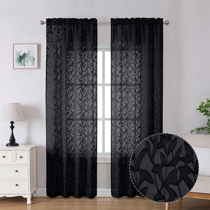 Lecloud Leia Black Sheer Curtains 90 Inches Long 2 Panels, Breathable Jacquard Texture Leaves Voile Curtains for Windows, Farmhouse Window Drapes with Dual Rod Pocket, 38 W x 90 L