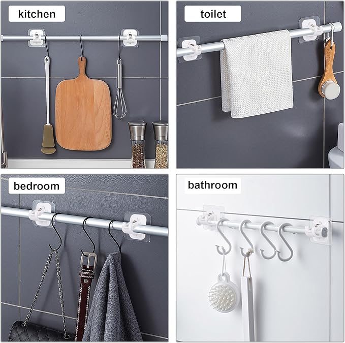 2PCS No Drill Curtain Rod Brackets No Drilling Self Adhesive Curtain Rod Holder Hooks Nail Free Adjustable Curtain Rod Hooks Curtain Hangers for Bathroom Kitchen Home Bathroom and Hotel (White)