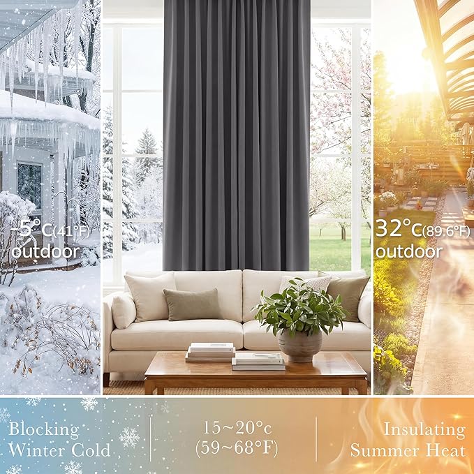 PONY DANCE Short Length Curtains for Kitchen, Solid Window Curtain Tiers for Bathroom Energy Saving Privacy Shade for RV Camper, 34x54 Inch, Grey, 2 Panels