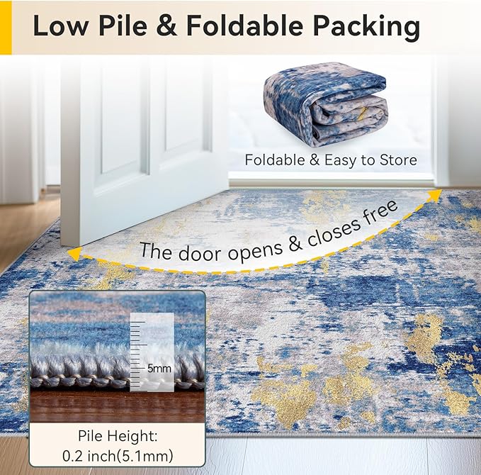 Washable Area Rugs 2'6''x10 Non-Slip Modern Abstract Soft for Living Room Entryway Bedroom Nursery, Print Pattern, Grey Blue Gold/Golden