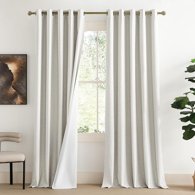 NICETOWN Extra Long Linen 100% Blackout Curtains 108 inches Length 2 Panels Set with Thermal Insulated Liners, Ivory, 62" Width, Farmhouse Style Window Draperies for Patio Sliding Glass Door